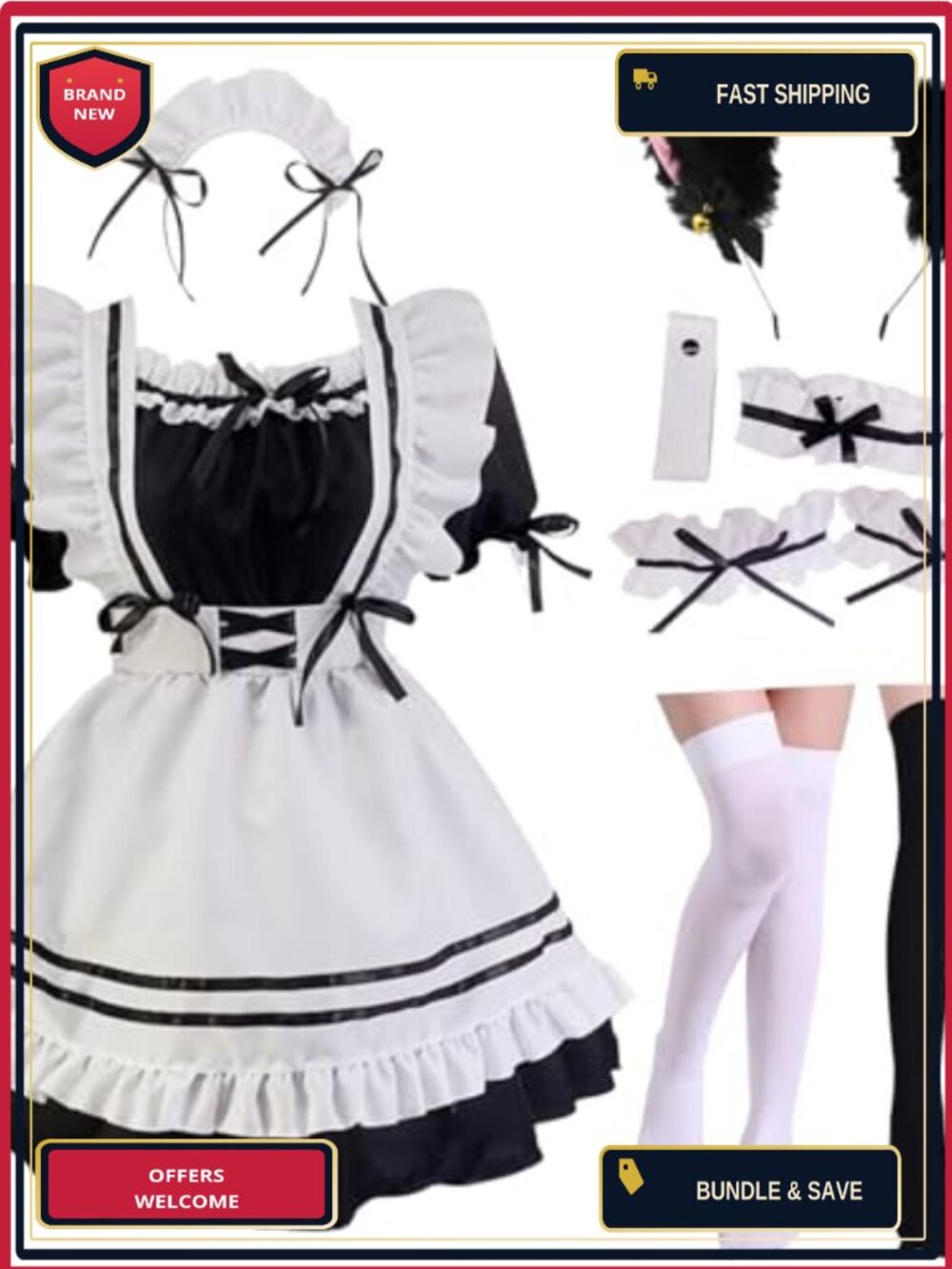 Anime Cosplay Maid Outfit 10-Piece Set Polyester Velvet Lolita Dress Halloween